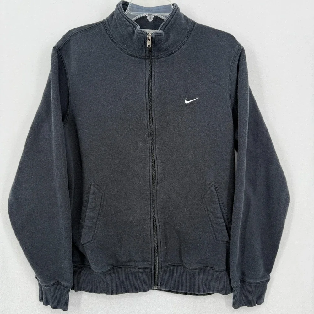 Nike Men's M Full Zip Fleece Jacket 349146-010 Black Athletic White Swoosh Y2K‎